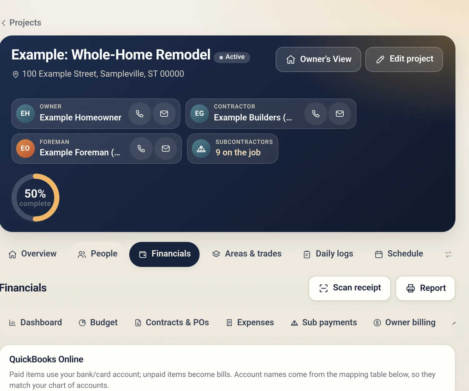 Financials export page with QuickBooks Online CSV, QuickBooks Desktop IIF and Excel export options