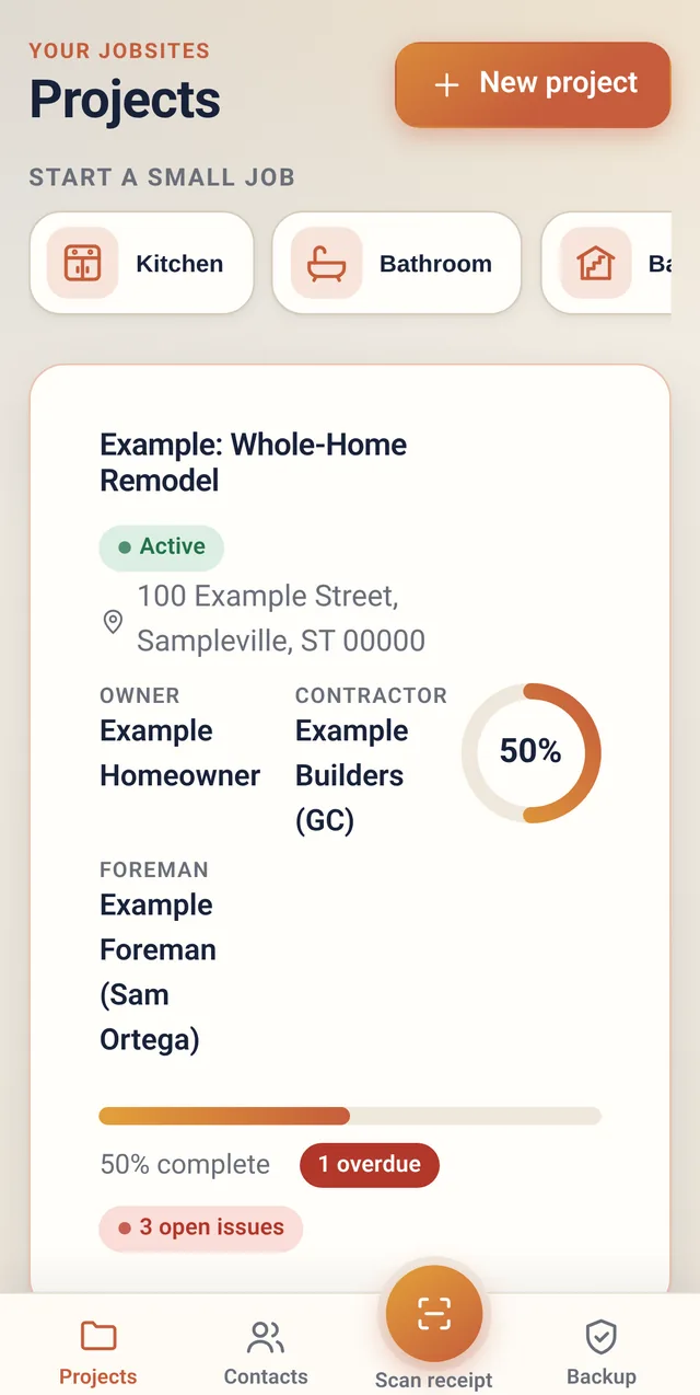 Amberchalk project list on a phone, with quick-start buttons for small jobs